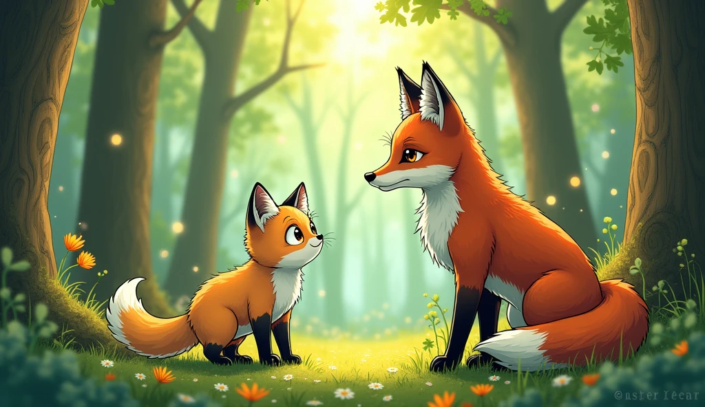 Draw (with the manga line) a kitten meeting a fox in the forest