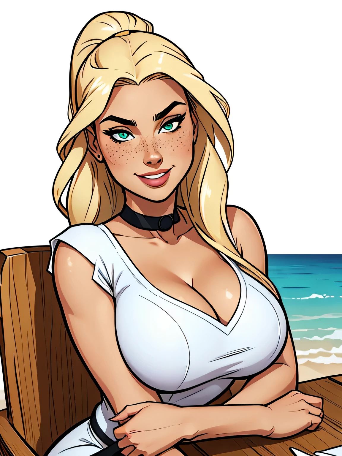 Thin woman, age 25, 4K (High definition), mysterious smile, seducing gaze, greeneyes, wearing a white dress with a boat neck and short sleeves, with black belt, arms positioned at the side of the body, Caucasian skin, straight blonde hair up to the shoulders, upper body (slightly inclined with hands resting on a table), full of curves with freckles on her chest and neck, round breasts. High-quality Marvel style, white background.