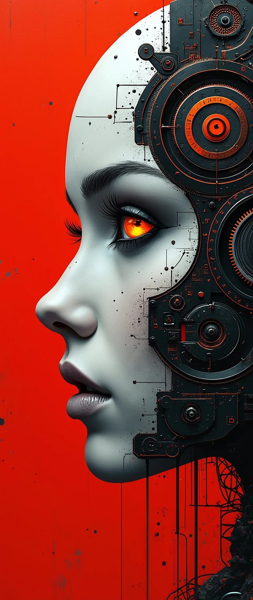 A futuristic cyborg's face fills the frame, split by a metallic-organic dichotomy. Metallic half: gears whirring, wires snaking, mechanical parts clicking. Organic half: black ink tattoos swirl, symbols blend seamlessly into metal. Eyes: cybernetic gold glow on one side, piercing natural intensity on the other. Red-black abstract background complements the face. High contrast emphasizes intricate details: circuitry patterns, shapes, and gears merge in a technological-human fusion.