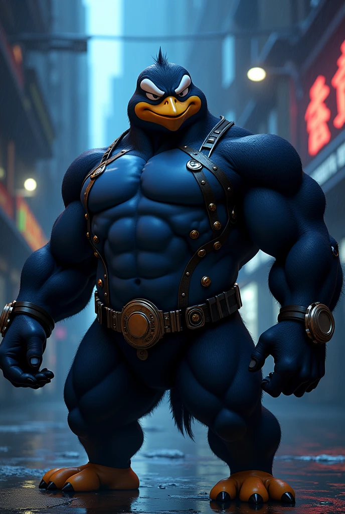 Character: Kowalski, a penguin from *Madagascar* is reimagined as a muscular, imposing figure inspired by *JoJo's Bizarre Adventure*. He wears a tight navy-blue bodysuit with metallic details that accentuate his powerful physique. His eyes have a fierce, determined gaze.
Pose: Kowalski strikes a dramatic pose, with one arm flexed to showcase his muscles and the other pointing forward, exuding confidence and strength.
Environment: The setting is a dark, urban cityscape with shadowy alleys and neon lights, creating a tense and surreal atmosphere, typical of the *JoJo* universe.
Style: The overall style is dynamic and exaggerated, blending Kowalski’s original penguin features with the robust, heroic aesthetic of *JoJo's Bizarre Adventure*.