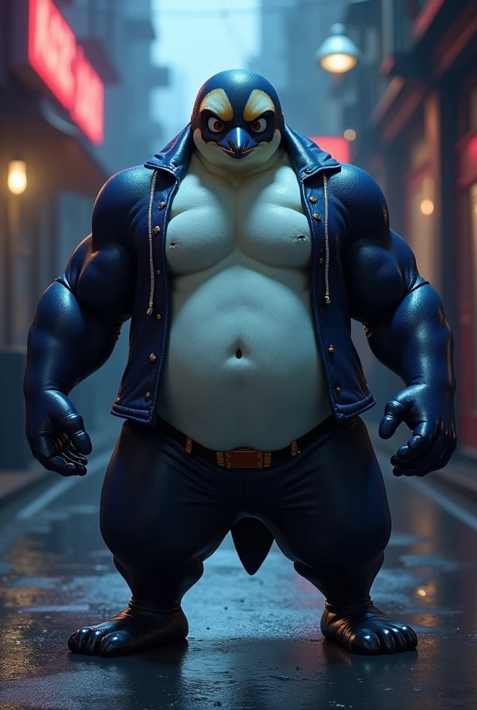 Character: Kowalski, a penguin from *Madagascar* is reimagined as a muscular, imposing figure inspired by *JoJo's Bizarre Adventure*. He wears a tight navy-blue bodysuit with metallic details that accentuate his powerful physique. His eyes have a fierce, determined gaze.

Pose: Kowalski strikes a dramatic pose, with one arm flexed to showcase his muscles and the other pointing forward, exuding confidence and strength.

Environment: The setting is a dark, urban cityscape with shadowy alleys and neon lights, creating a tense and surreal atmosphere, typical of the *JoJo* universe.

Style: The overall style is dynamic and exaggerated, blending Kowalski’s original penguin features with the robust, heroic aesthetic of *JoJo's Bizarre Adventure*.
