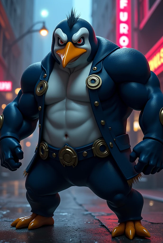 Character: Kowalski, a penguin from *Madagascar* is reimagined as a muscular, imposing figure inspired by *JoJo's Bizarre Adventure*. He wears a tight navy-blue bodysuit with metallic details that accentuate his powerful physique. His eyes have a fierce, determined gaze.
Pose: Kowalski strikes a dramatic pose, with one arm flexed to showcase his muscles and the other pointing forward, exuding confidence and strength.
Environment: The setting is a dark, urban cityscape with shadowy alleys and neon lights, creating a tense and surreal atmosphere, typical of the *JoJo* universe.
Style: The overall style is dynamic and exaggerated, blending Kowalski’s original penguin features with the robust, heroic aesthetic of *JoJo's Bizarre Adventure*.
