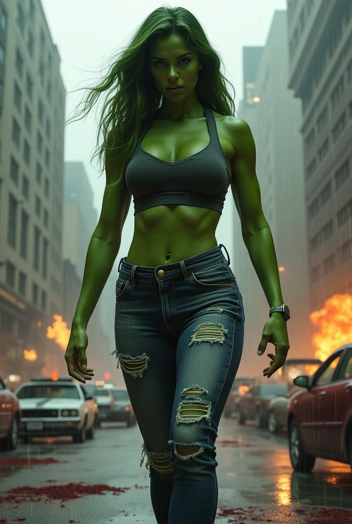 a beautiful woman (((Olive-green complexion all over his body))) Jennifer Walters aka She-Hulk in a sports top and ripped jeans because of her huge muscles in an apocalyptic and rainy city, cars and buildings on fire, blood around her, strong and bloody images 