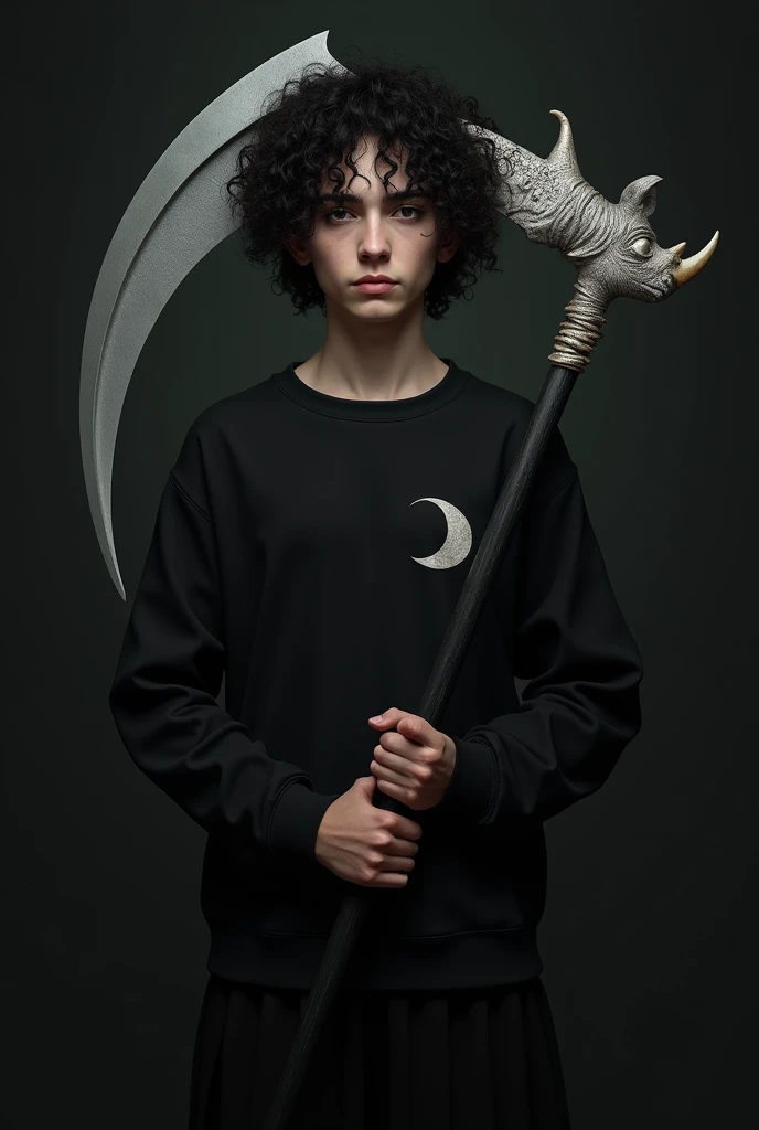 An 18 year old Brazilian man with black curly hair, with very black eyes and his skin is white, wearing a black sweatshirt with a waning moon symbol on his right chest, with a large scythe where the blade part is the head of a rhinoceros and the horn being the blade and a black tone spectrum at its side 