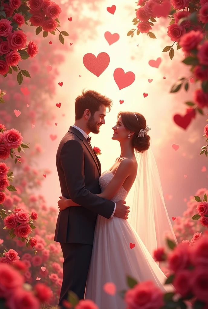 wedding couple, many hearts and roses