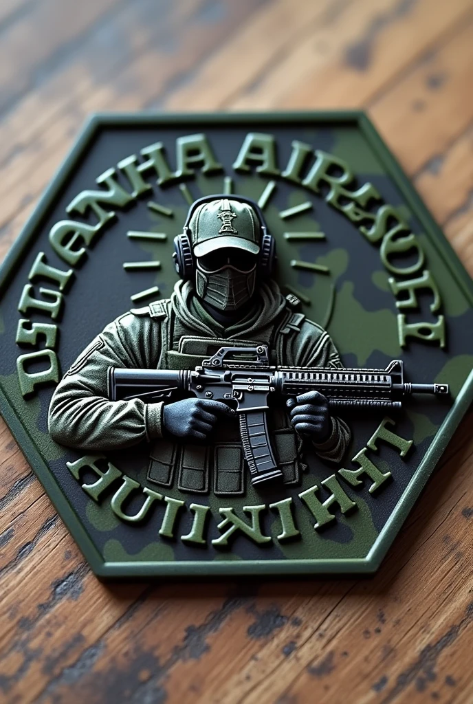 Create Hexagonal Rubberized Patch Cliché, camouflage coat of arms background, military coat of arms with the name Lukinha Airsoft, operator carrying an m4 rifle wearing a cap and headphones