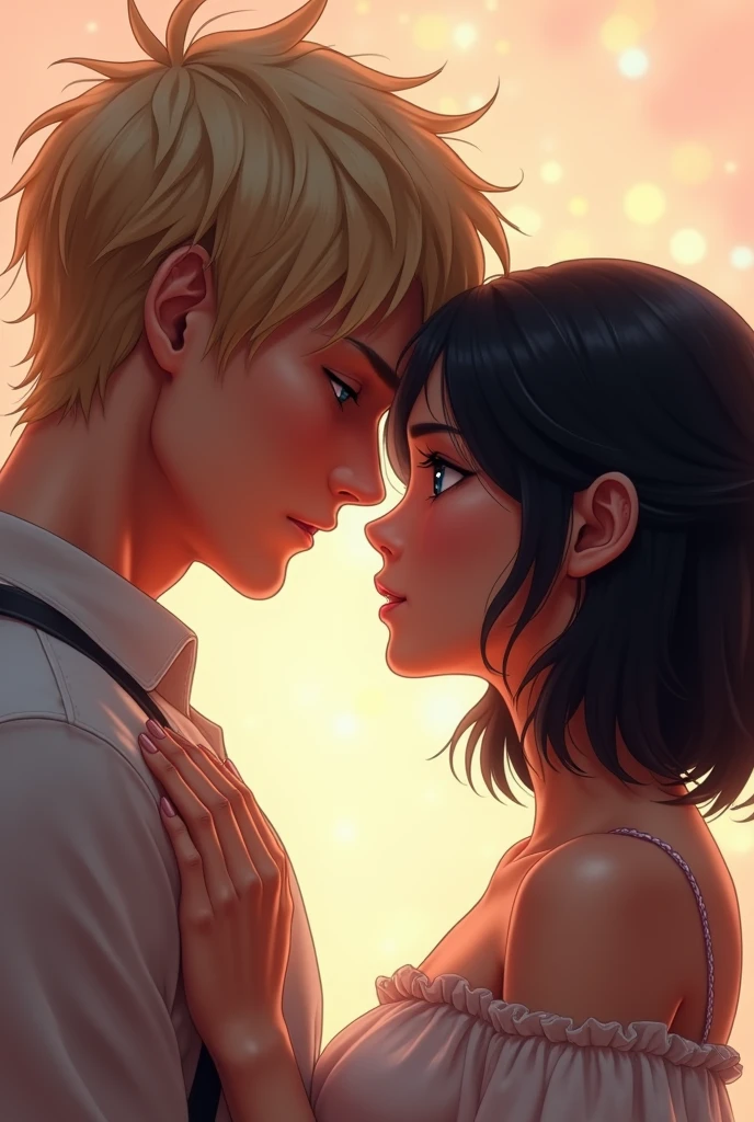 I created a cover where my protagonists are looking into each other's eyes and the sexual tension is noticeable., desire and love in his gaze A blond man, messy hair, tall and piercing blue eyes. Sharp, masculine features, let the Adam's apple be seen.
A short woman, shoulder length hair, black and semi wavy, fine and elegant features, She has dark eyes.
Give the image a pastel-colored background. Create a more realistic image.