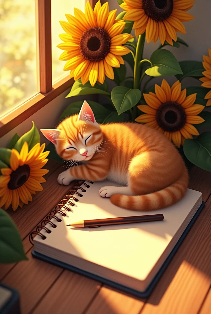 A bunch of sunflowers in the corner and on top of the notebook,Then the cat lies on it,Sunset。Perspective above