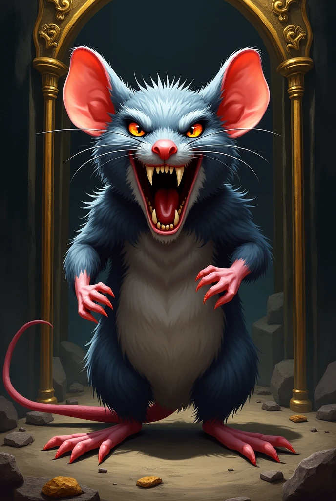 An angry animated rat with a black and gold background