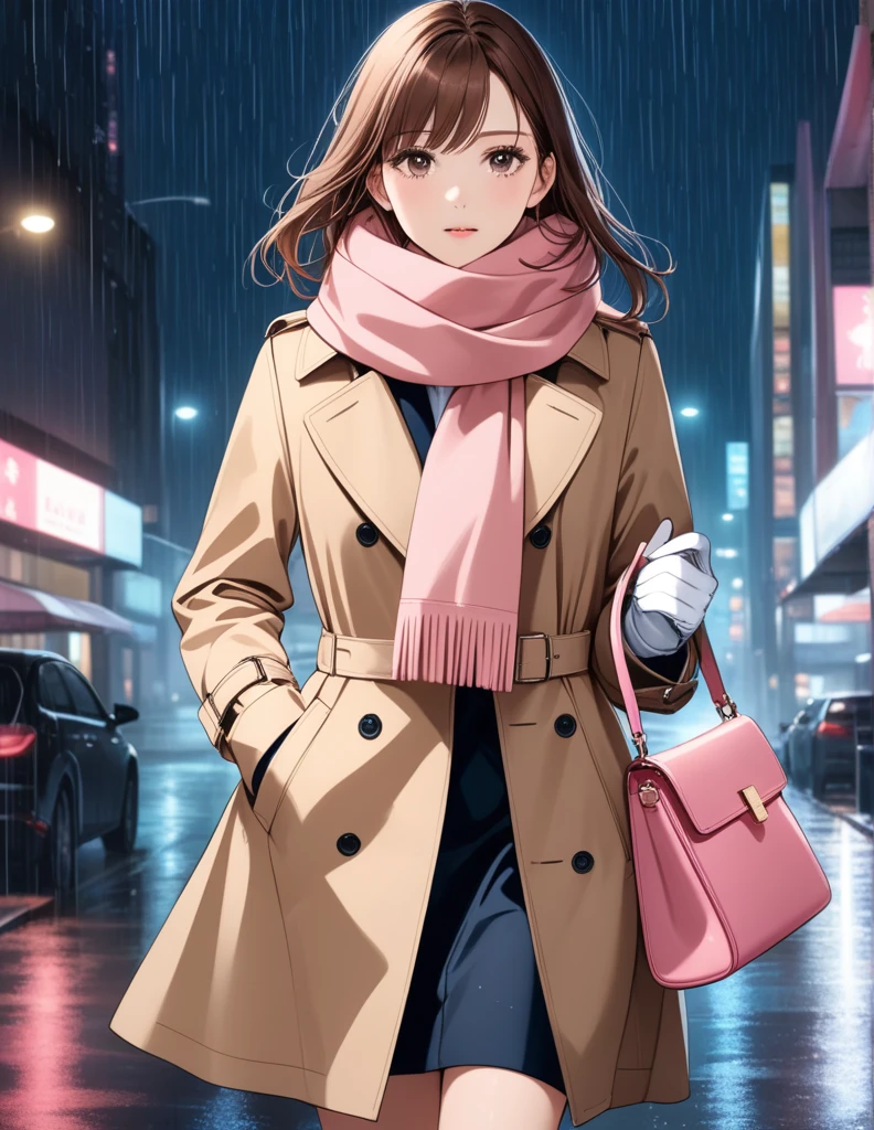 Masterpiece, hd, 1girl with long brown hair wearing a fully buttoned up closed and beige belted buckle knee-length trench coat with a tucked up large pink winter wool scarf and white gloves carrying her large pink purse blown by the hard wind at the hard rainy night city street full body 8k)