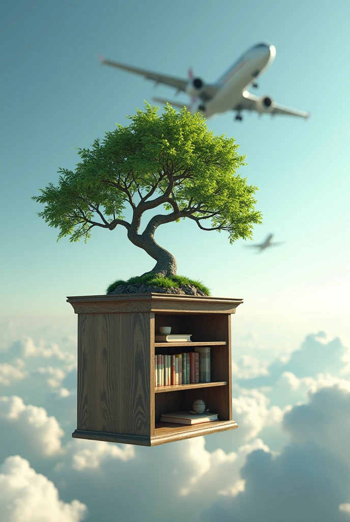 a bookshelf with a bonsai plant,falling from a *plane*