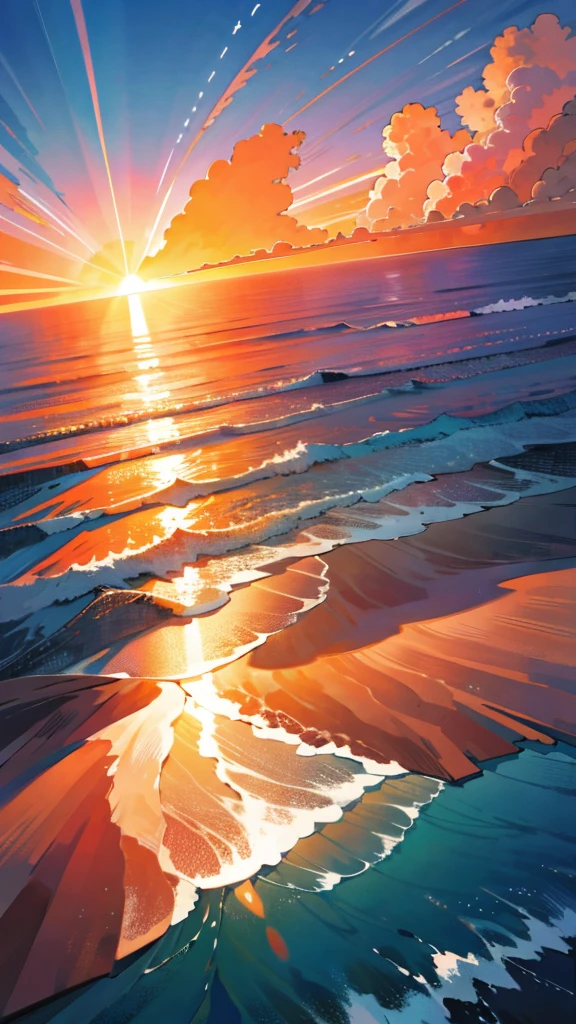 ocean, high resolution, High definition, high quality, landscape, realistic, masterpiece, dawn, dark blue sky, orange sunlight reflecting on the ocean, sun coming out from the horizon, drone shot