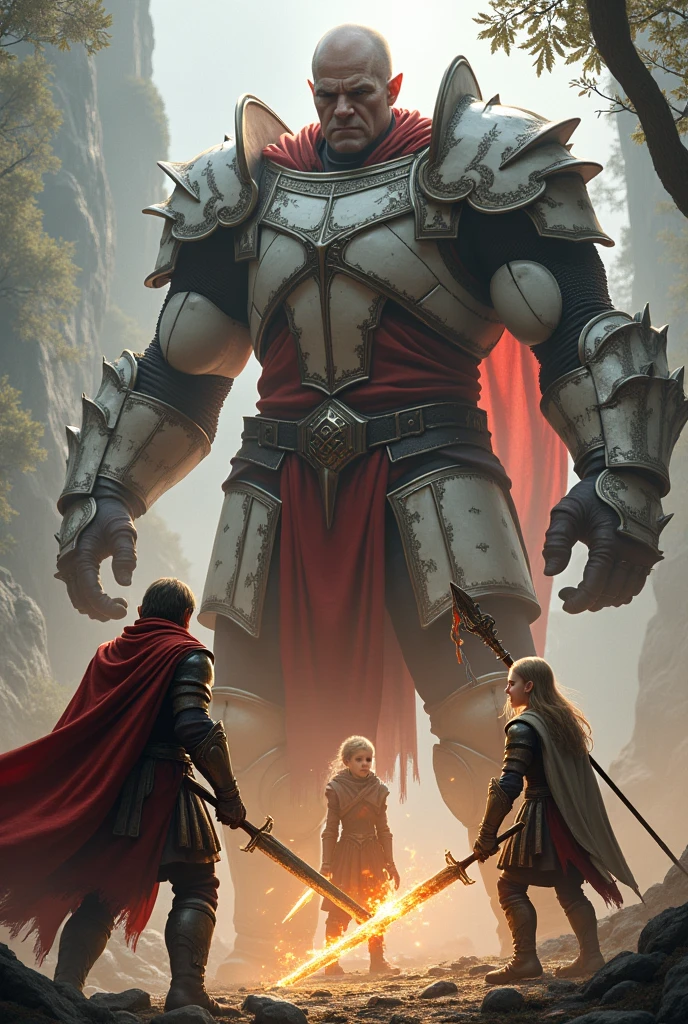 (in a medieval world.
an 18 year old young man ,standing 6 feet tall, weighing 80 ,with very short hair(almost bald).
Wearing a red outfit and a flaming sword.

A 12 year old male elf boy,Blonde hair and green eyes ,wearing a white and green outfit and a bow and arrow.

An elf girl of female gender, brown hair and green eyes, wearing a blue and gold outfit and a battle spear.

The 3 characters above , are fighting a 10 meter tall giant ,wearing white and red armor and a war hammer 