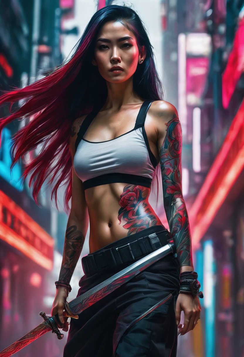 a woman with a tattoo on her arm holding a sword, cyberpunk art, by Reuben Tam, hyperrealism, draped with red hybiscus, tribal tattoos right arm sleeve, very long black/red hair, ultra realistic photography, vivid colors, gloss skin
