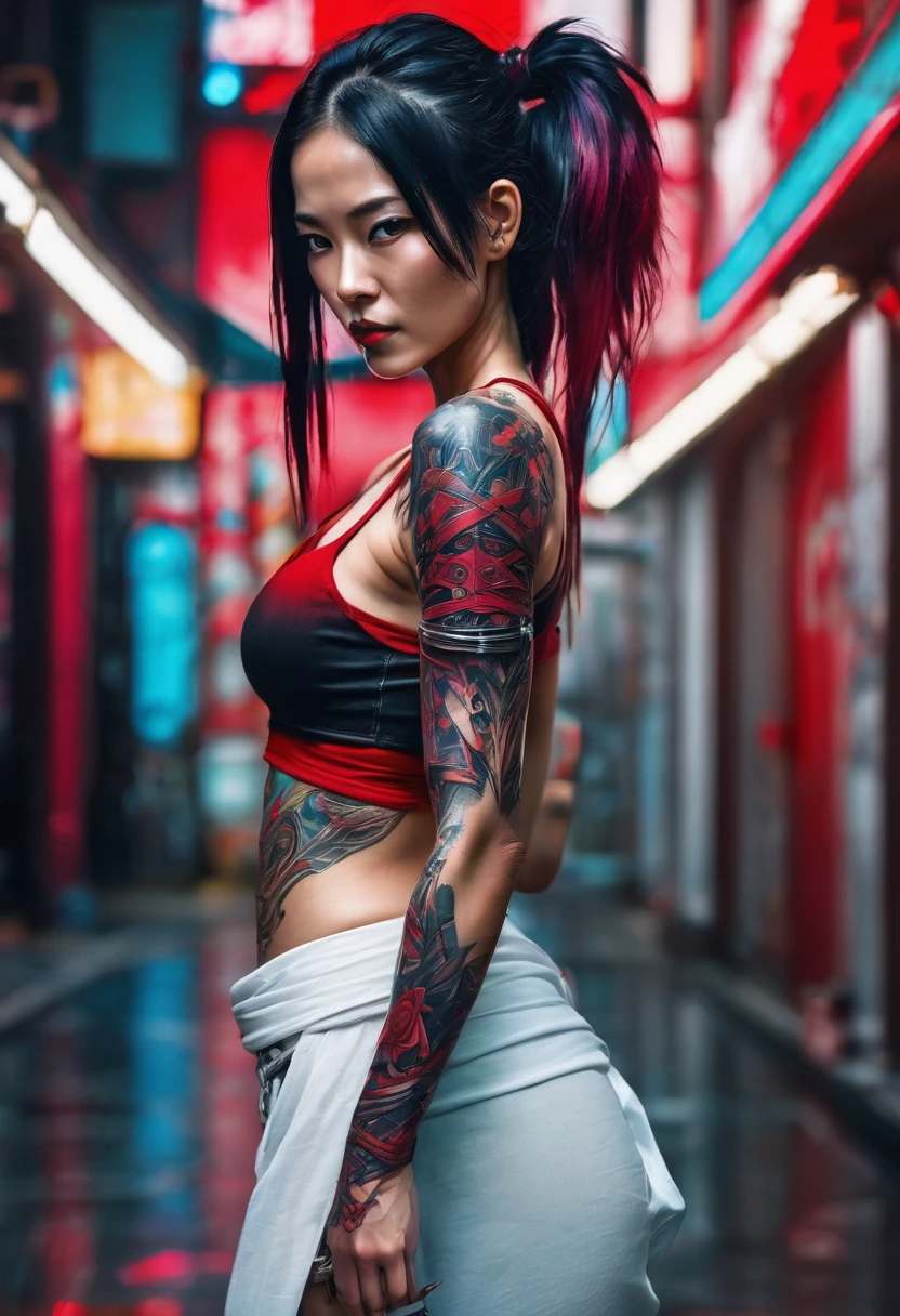 (NSFW), Best quality, Masterpiece, a beautiful Asian female cyberpunk gangster holding a decent katana sword, ((Korean idol Kim Jisoo:Chinese actress Li Bingbing:0.5)), (beautiful thin face:1.3), (beautiful eyes:1.3), (long red hair:1.2), (mohawk hairstyle:1.3), (viciouse gaze:1.2), (lustful expression:1.2), (pointy nose:1.2), (sexy lips:1.2), (vicious smile:1.3), (holding a decent katana sword:1.3), (wearing open leather robe with dragon embroidered:1.3), (nudist:1.3), (huge breasts:1.3), (areola protruding:1.0), (pointy nipples:1.2), (slender body:1.2), (six-pack abs:1.3), (sexy skinny legs:1.2), (tattoos all over her body:1.6), (tattoos all over her chest:1.6), (Japanese Yakuza tattoos pattern:1.6), (very very dense pubic hair:1.5), (very very hairy genitalia:1.5), (background is cyberpunk city at sunset:1.3), (huge red sun in the background:1.3), spattered with blood, (skin texture:1.2), (dynamic pose:1.2), best quality, ultra high res, Raw photo, Nikon D850, backlight, rimlight, dimlight, film grain:1.2, (warm hue, warm tone:1.2), (color photo), a concept of neo-noir gangster girl film