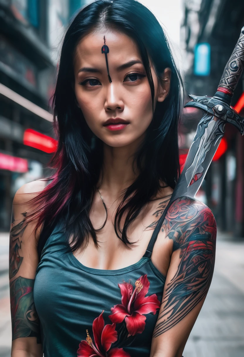 a woman with a tattoo on her arm holding a sword, cyberpunk art, by Reuben Tam, hyperrealism, draped with red hybiscus, tribal tattoos right arm sleeve, very long black/red hair, ultra realistic photography, vivid colors, gloss skin