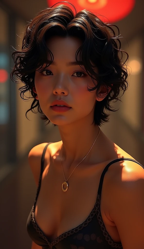 25 year old Japanese, tall muscular physique, Dark short hair and long curly hair, Wearing a T-shirt and a camisole, Realistic, Ultra-detailed, Cinema Lighting, Dramatic composition, Intricate details, Warm color palette, Highly detailed facial features, Vibrant textured skin, masterpiece, Highest quality, 8k