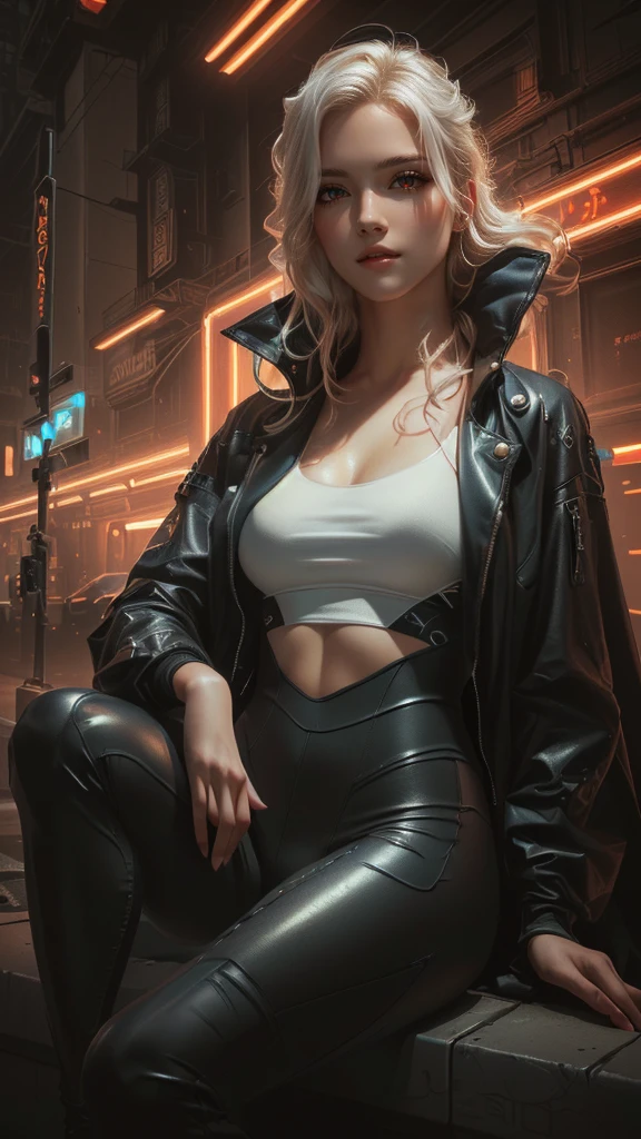 beautiful young cyberpunk female, piercing red eyes, flowing white hair, wavy locks, soft yet defined abs, curvy figure, athletic physic, light leather clothing, revealing clothing, holding handgun, dangerous pose, sexy pose, standing sideways to camera, (best quality,4k,8k,highres,masterpiece:1.2),ultra-detailed,(realistic,photorealistic,photo-realistic:1.37),detailed eyes,detailed lips,extremely detailed face,longeyelashes,concept art,digital painting,dark fantasy,science fiction,vibrant colors,dramatic lighting,moody atmosphere,ross tran style,Masterpiece