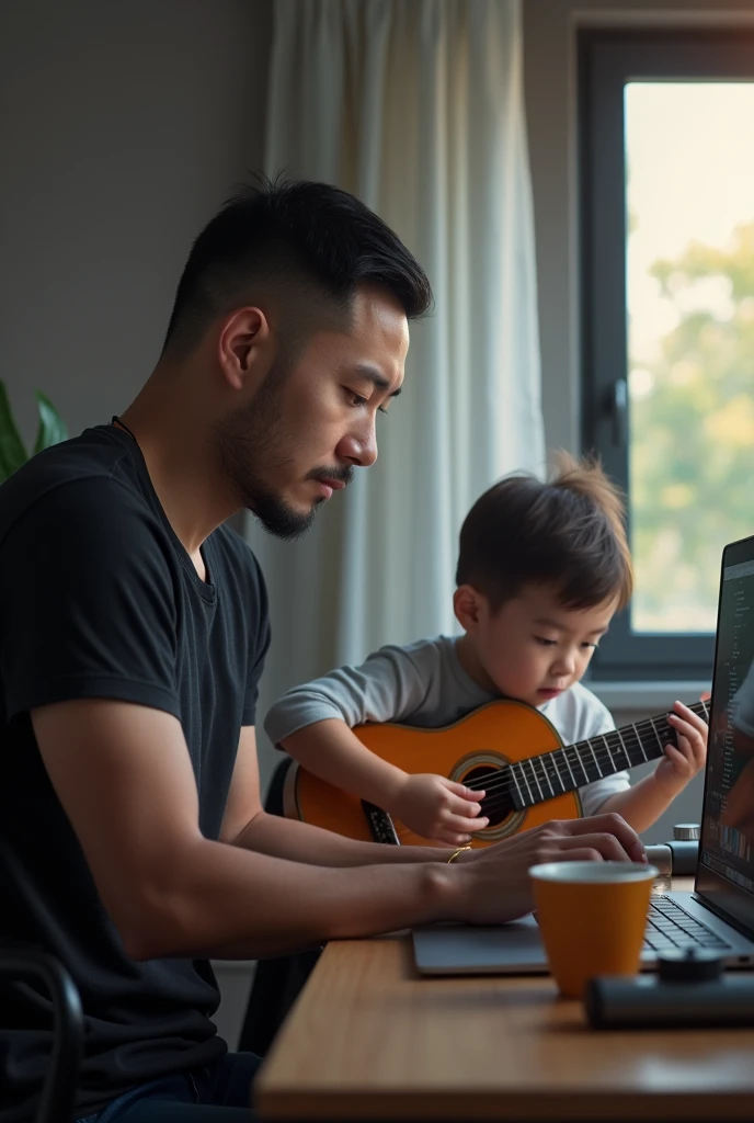 A short-haired IT expert wearing a black t-shirt is working in his room and there are three laptops on his desk., a cup of coffee, and vape. And beside him there was a five year old fat baby boy., short hair playing guitar. Real-like photo results.