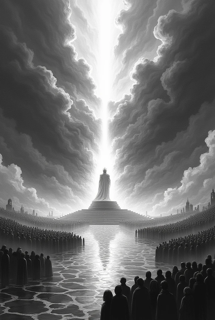 A drawing of the sky with the characteristics of a throne, a crowd, a king, a sea of glass, the light is God and some mansions in black and white to draw