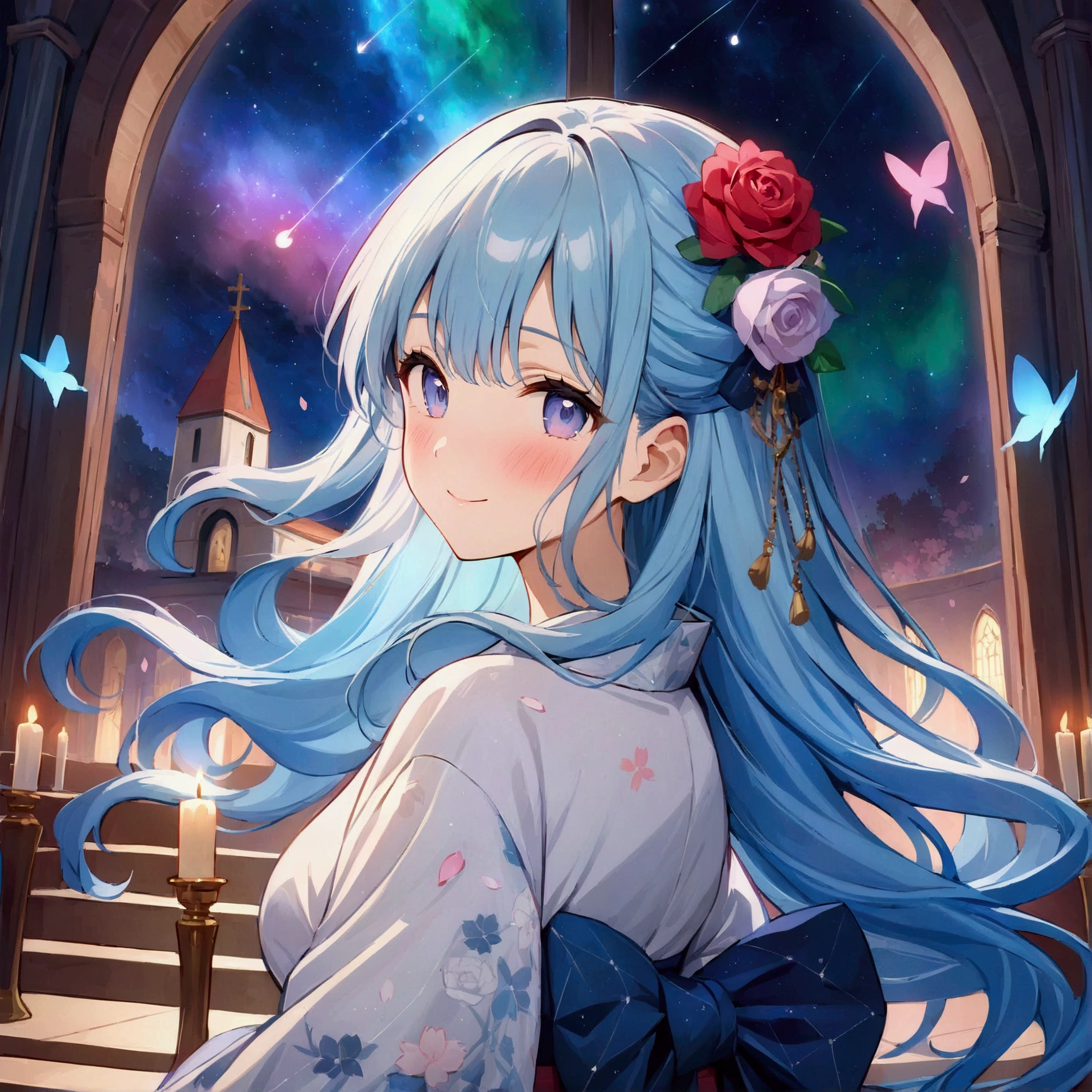 ((masterpiece:1.4)), (Highest quality), (Very detailed), Anime Style, One person, Blue Hair, Long Hair, Note, shooting star, space, Milky Way, Aurora, Seven-colored light, Red Rose, Purple Rose, White Rose, Face close-up, butterfly, constellation, Girl riding a crescent moon, nebula, Cherry blossom petals, Stained glass, entire field of Stained glass flowers, Cherry Blossoms at Night, kimono, blushing, blush, smile, zoom, reflection, Planetarium, Flowing Hair, church, candlestick, Dance Pattern.