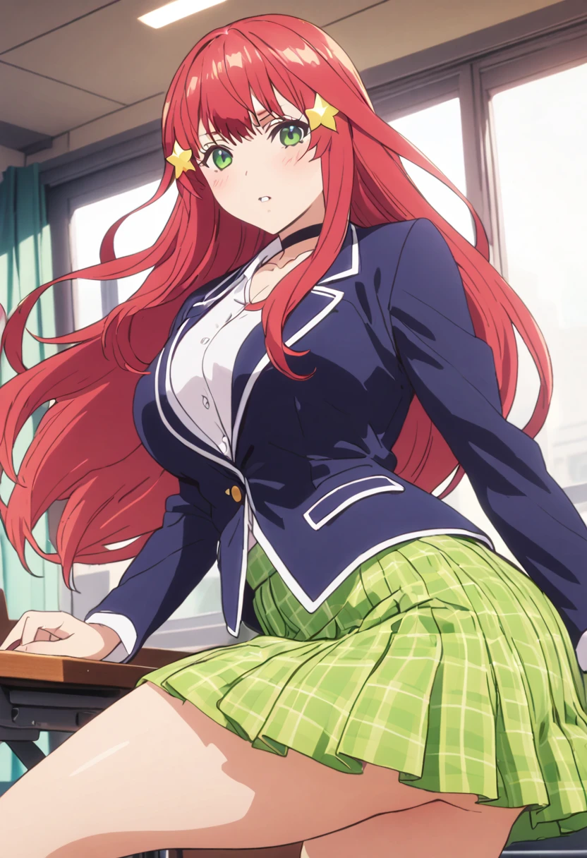 (Highest quality, 4K, 8k, High resolution, masterpiece:1.2), Very detailed, Picturesque, Animated Photography, Photo Animation:1.37)、Japanese schoolgirl、(red Hair)、(long hair)、(yellow star hair ornament)、uniform、White shirt、(Yellow-green checkered skirt)、Navy blue jacket、Black choker、classroom、Nakano May
