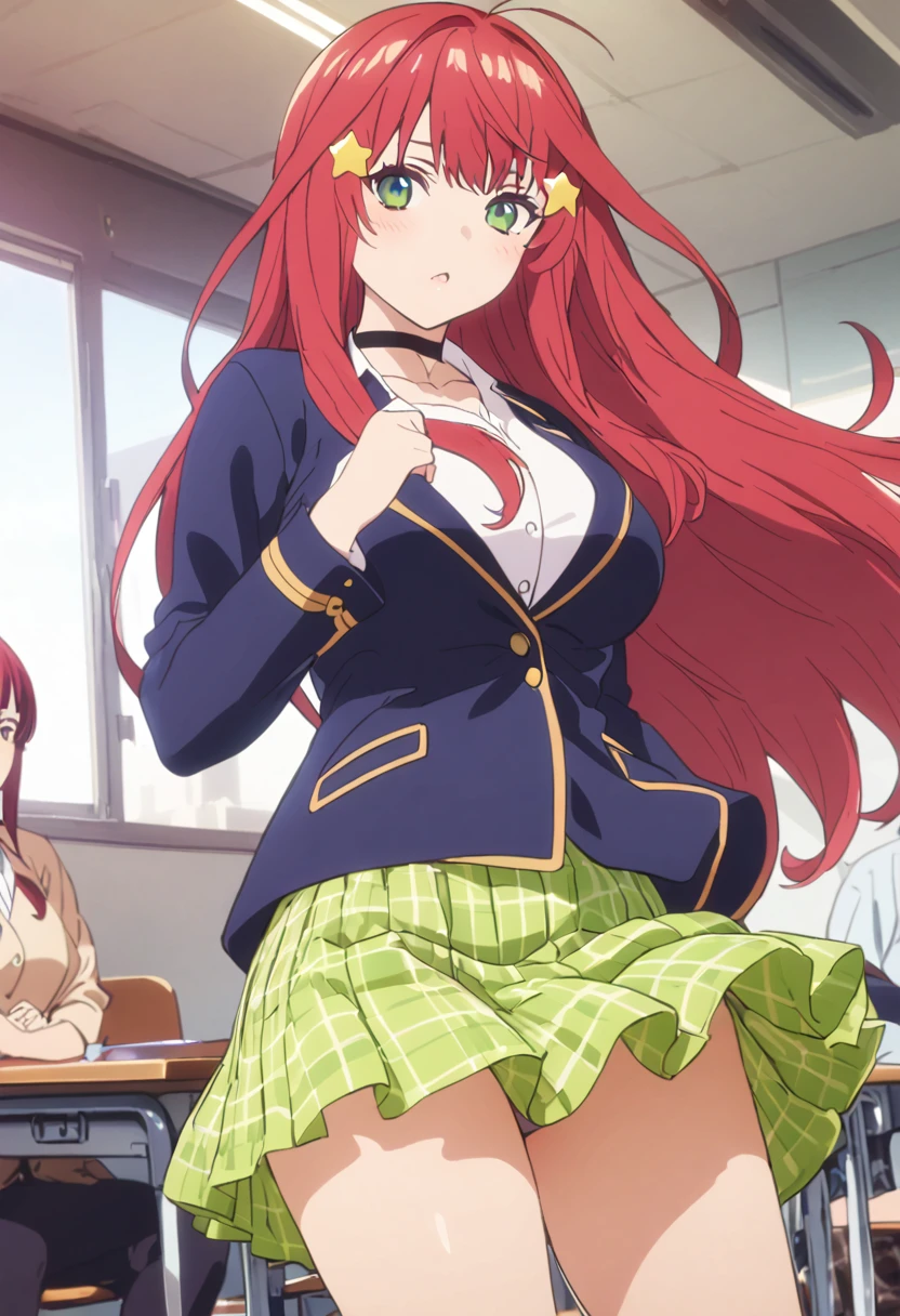 (Highest quality, 4K, 8k, High resolution, masterpiece:1.2), Very detailed, Picturesque, Animated Photography, Photo Animation:1.37)、Japanese schoolgirl、(red Hair)、(long hair)、(yellow star hair ornament)、uniform、White shirt、(Yellow-green checkered skirt)、Navy blue jacket、Black choker、classroom、Nakano May
