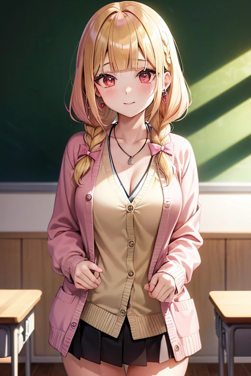 (((anime))), ((anime)), (Gal), Medium Hair, (Braid:1.3), (Blunt bangs:1.2),Two-tone hair, Blonde, (Pink Hair), Round face, Red eyes, (Droopy eyes), (((puppet))),Pink Lip,Earrings,necklace,[Dark Skin], A light smile, ((((cute)))), beautiful, 1 person, alone, (cardigan:1.4), [Cleavage cutout],peace sign,beautiful background,(classroom:1.5),evening,sunlight,Backlight,masterpiece,Highest quality,Exquisite,8k,Absurd,Ultra-fine illustrations,(View your viewers)