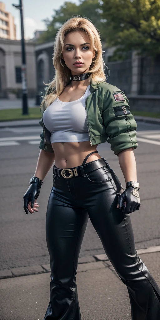 8k, masterpiece, best quality, ultra-detailed, sonyablade, 1girl, solo, long hair, blonde hair, cute blue eyes, breasts, choker, crop top, cropped green jacket, black fingerless gloves, full body, highleg panties, jacket, combat boots, lipstick, makeup, (abs:0.3), midriff, navel, black pants(Wide flares on pants:1.2),
