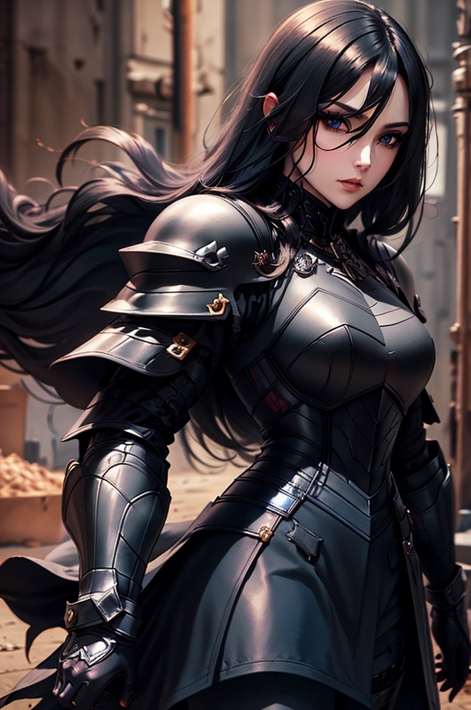 black armor knight, pale, woman, long straight black hair, blue eyes, black armor, adult