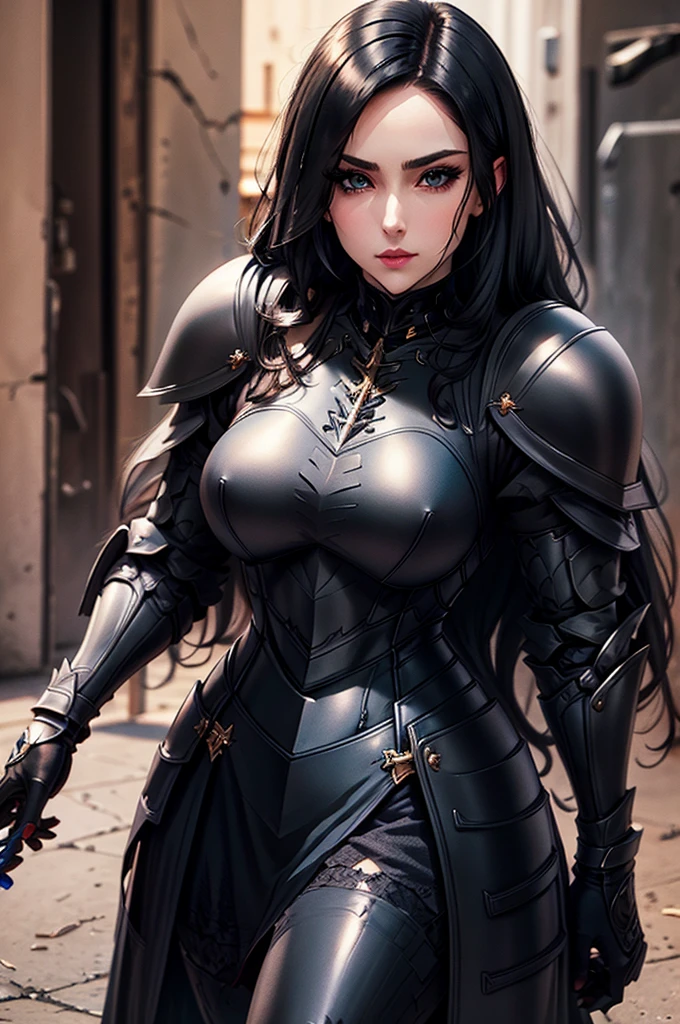 black armor knight, pale, woman, long straight black hair, blue eyes, black armor, adult