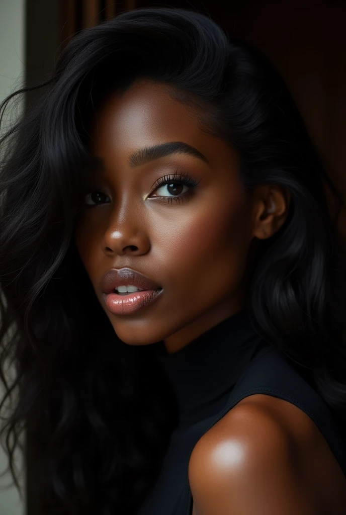 UNE BELLE FEMME NOIRE, 1fille, magnifique, élégant, Séduisant, superbe, captivant, (Meilleure qualité,4k,8k,haute résolution,chef-d'œuvre:1.2),ultra-détaillé,(Réaliste,photoRéaliste,photo-Réaliste:1.37),détails complexes,angle de caméra spectaculaire,Cinématique,Photographie de mode,peau brillante,une peau impeccable,mâchoire forte,Des traits du visage nets,des lèvres charnues,Lèvres pleines,longs cils,yeux intenses,yeux perçants,Cheveux flottants,cheveux luxueux,Peau douce,peau brillante