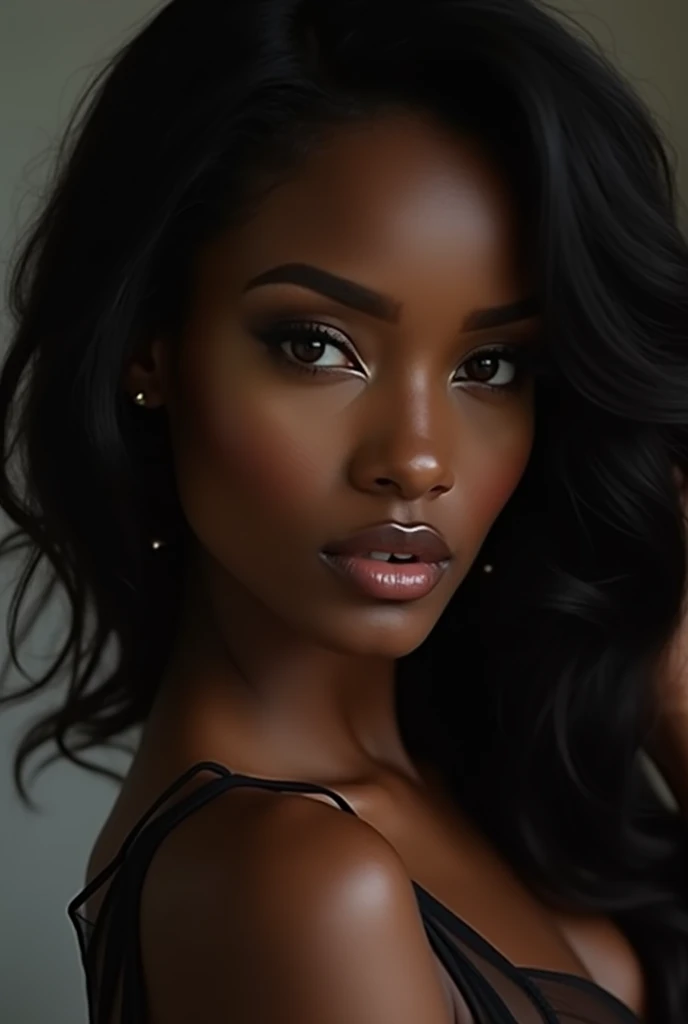 UNE BELLE FEMME NOIRE, 1fille, magnifique, élégant, Séduisant, superbe, captivant, (Meilleure qualité,4k,8k,haute résolution,chef-d'œuvre:1.2),ultra-détaillé,(Réaliste,photoRéaliste,photo-Réaliste:1.37),détails complexes,angle de caméra spectaculaire,Cinématique,Photographie de mode,peau brillante,une peau impeccable,mâchoire forte,Des traits du visage nets,des lèvres charnues,Lèvres pleines,longs cils,yeux intenses,yeux perçants,Cheveux flottants,cheveux luxueux,Peau douce,peau brillante