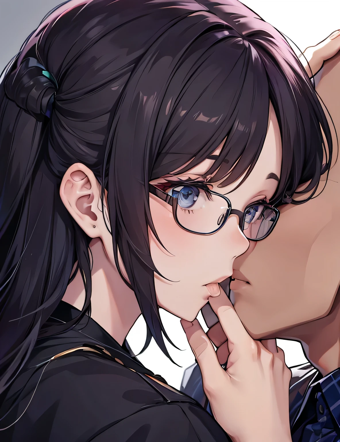 (8k、Photorealistic,Raw photo,highest quality: 1.3),（real skin）,Beautiful expression,High Detail,超A high resolution,((1girl long hair:1.5,black hair,red eyes,empty eyes,glasses),(blacj jacket,nipples,bottomless),1 boy,((,pov,the boy, licking penis with tongue,open mouth,kneeling)),detiled penis,forest,expressionless:1.2,close up face