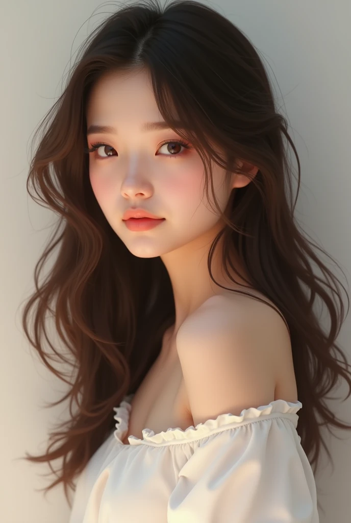 A girl of about who was brunette with slightly wavy hair, brown eyes with long eyelashes, a beautiful smile with some slightly marked dimples. that of clothes has a white top