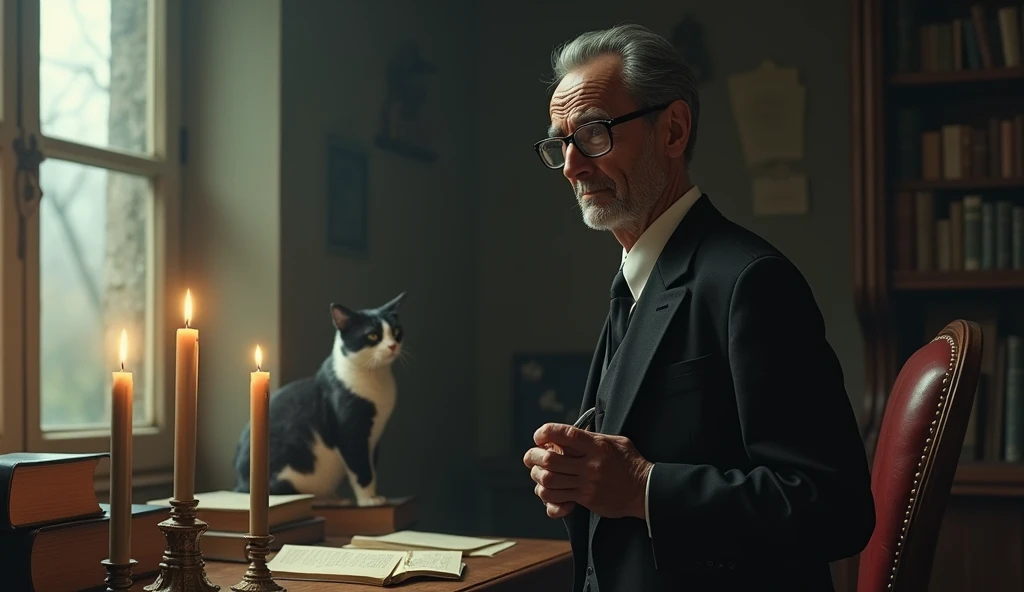 An elderly man with a thin, serene and contemplative expression. He has short, dark hair, slightly balding in the front, slightly graying, no beard, and wears a classic 1930s suit, with small, square, prescription glasses and a discreet tie. Cayce is standing next to a vintage-looking chair in an environment reminiscent of an old office with 3 candles on the table with a black and white cat, with books and papers in the background. The soft, diffuse lighting highlights his face, conveying an aura of wisdom and introspection. In one hand, he holds a prophecy object, symbolizing his knowledge and psychic abilities. The scene has a nostalgic and mysterious tone, reflecting the enigmatic nature of his predictions and readings. Through the window there is nature