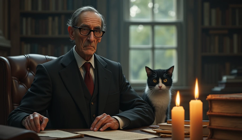 An elderly man with a thin, serene and contemplative expression. He has short, dark hair, slightly balding in the front, slightly graying, no beard, and wears a classic 1930s suit, with small, square, prescription glasses and a discreet tie. Cayce is standing next to a vintage-looking chair in an environment reminiscent of an old office with 3 candles on the table with a black and white cat, with books and papers in the background. The soft, diffuse lighting highlights his face, conveying an aura of wisdom and introspection. In one hand, he holds a prophecy object, symbolizing his knowledge and psychic abilities. The scene has a nostalgic and mysterious tone, reflecting the enigmatic nature of his predictions and readings. Through the window there is nature
