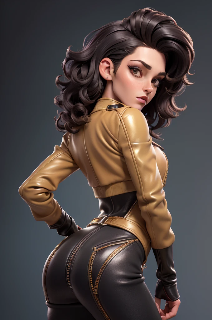 obra prima, melhor qualidade, ((only one woman,)) ((kristen stewart, dark tan skin, short black curly hair, heavy makeup eye shadow, mouth open,)) (((wearing thigh length bubblegum distressed leather jacket,))) (((jacket is zipped up, jacket covers waist and ass,))) ((jacket has stiff high collar,)) ((gold pvc gloves,)) body is very skinny, standing up, (((arched back, shoulders leaning way back, hips twisting, head tilted way back, chin up,))) ((camera back view, extreme closeup view of upper body,)) shallow depth of field, highres, HD, 8k, anatomically correct