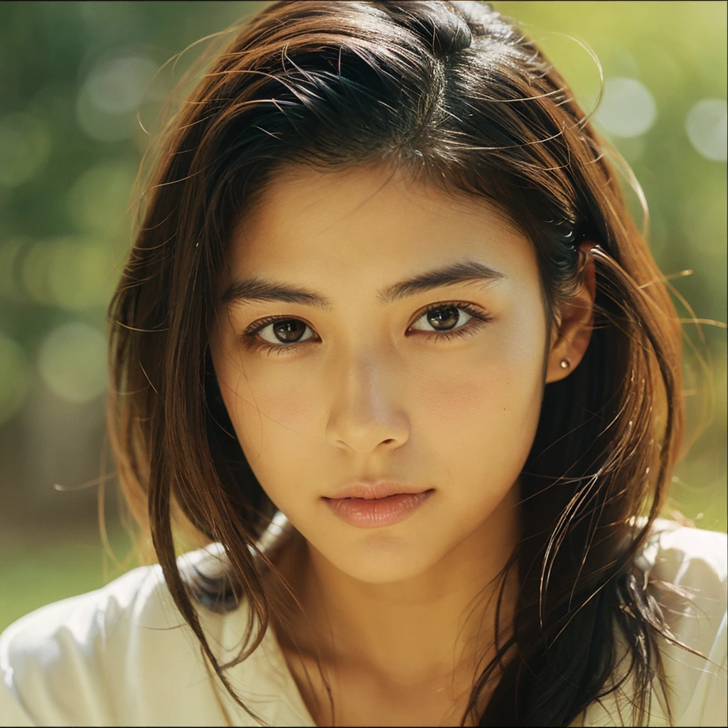 A hyper-realistic image of a single Japanese woman in her early 20s, captured with the nostalgic warmth and subtle graininess of a film camera. Her skin has a warm beige tone with a natural, slightly rough texture that includes visible pores, fine lines, and subtle imperfections such as small blemishes, adding to the authenticity of her appearance. The soft, diffused natural light enhances the film-like quality, casting gentle shadows that create a timeless, organic feel. Her straight, glossy black hair frames her face in a natural, slightly tousled manner, and her deep brown eyes reflect the ambient light, adding depth and emotion. The film camera effect introduces a slight grain and a softer focus, giving the image a warm, nostalgic atmosphere while maintaining the realistic texture of her skin. She is dressed simply, in a way that complements her natural beauty, with the overall composition designed to evoke a sense of genuine, understated elegance. The use of natural light, combined with the deliberately rougher texture of her skin and the film-like qualities, ensures that this image captures the imperfections that make her beauty truly lifelike, focusing solely on this one individual.