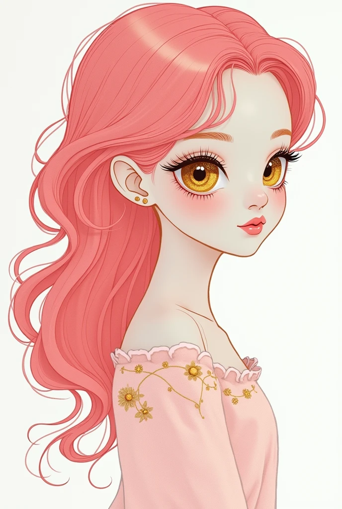 (White background:1.4),(Girl&#39;s head silhouette, detailed gold eyes, Long colored hair, Oriental elements)，(Chinese illustration:1.3，Paper Art:1.3, キルティングPaper Art:1.2),( Streamlined Design, Clear lines, High sharpness,Better Quality, Very detailed, Master Parts, Film Light Effect, 4K ) Illustration design, porcelain doll skin, beautiful detailed eyes, beautiful detailed lips, extremely detailed gold eyes and face, long eyelashes, upper body, from side, looking at viewer, (fractal art:1.3), (pink hair:1.2), water, liquid, cloud, colorful, starry, stars, (best quality, 4k, 8k, highres, masterpiece:1.2), ultra-detailed, (realistic, photorealistic, photo-realistic:1.37), vibrant colors, studio lighting, extremely detailed description, professional, concept art, surreal, 1920s french vibe, monochromatic gold and pink palette, in the style of french illustrator moebius, gold elements,