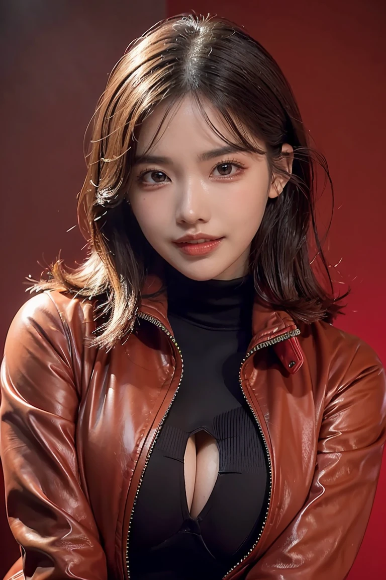 1 woman, alone,Brown hair underwater, brown eyes, parted lips, long sleeve, jacket, simple background, upper body, red background, looking at the audience, tooth, red jacket, lips, role play, whole body, smile,motorcycle,(big breasts:1.2),Wet skin((Cheater))Cool atmosphere