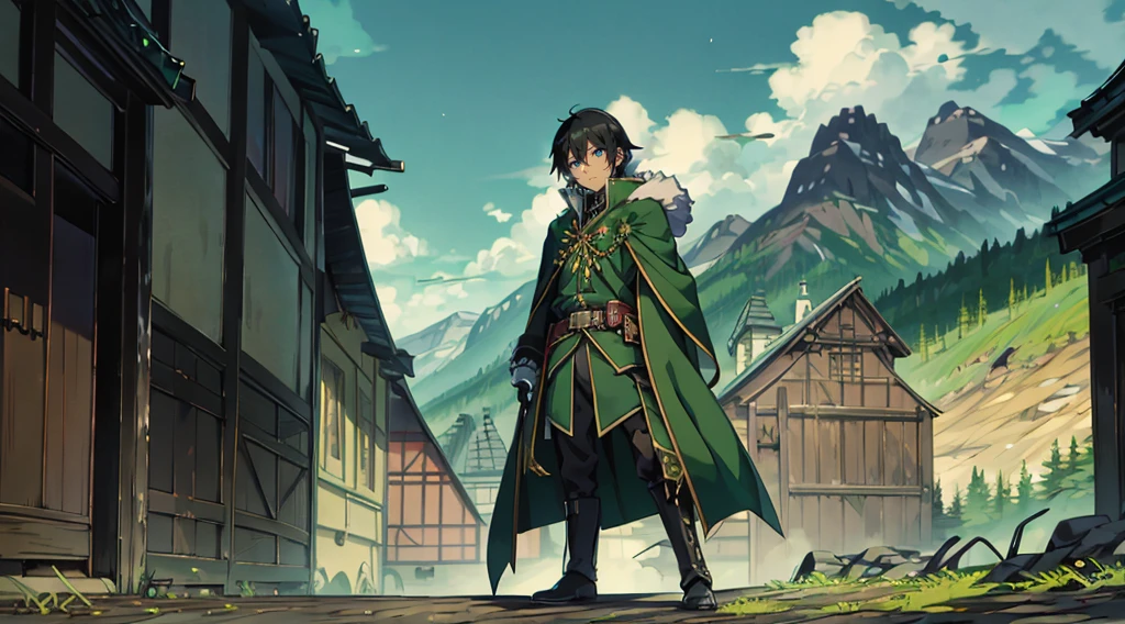 yuichiro hyakuya, (WithoutFear:1), demon king, evil face, 1 boy, black hair, green eyes, brown coat, gray armor, green shield, green cloak, dark brown gloves, castle, white fur trim, tall, anime, standing, good quality, portrait, looking at viewer