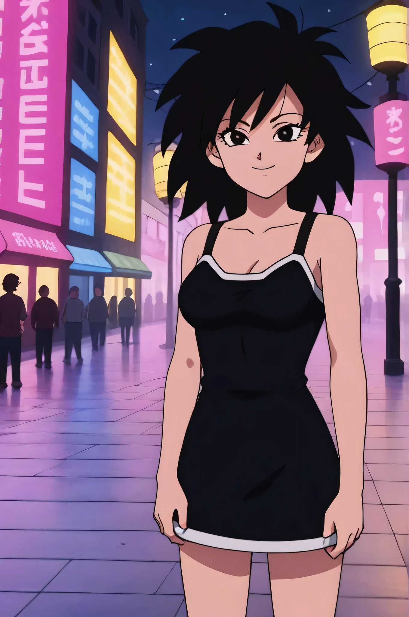 source_anime, score_9,score_8_up, score_7_up,  ginedb, anime screencap, 1girl, solo, looking at viewer, smile, medium breasts, black hair, city, bare shoulders, medium breasts, smile, standing, cowboy shot, medium hair, black eyes, spiked hair, eyelashes, masterpiece, best quality, very aesthetic, absurdres, taut dress, spaghetti strap, black dress, sleeveless, night, street, standing up, lights in the streets, cowboy shot,
 