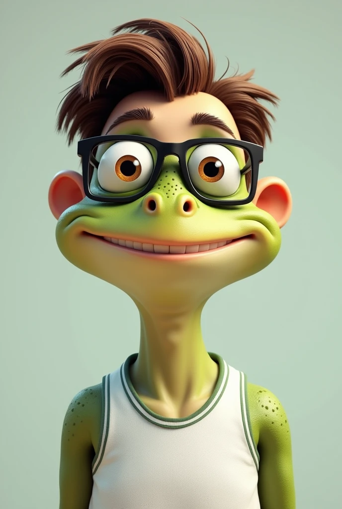 Create image of the male human body, only the face should have the characteristics of a frog, but maintaining the characteristics of a human, wearing rectangular glasses, short hair combed to the side, hair color should be brown, with smile, tennis player with a slightly chubby frame