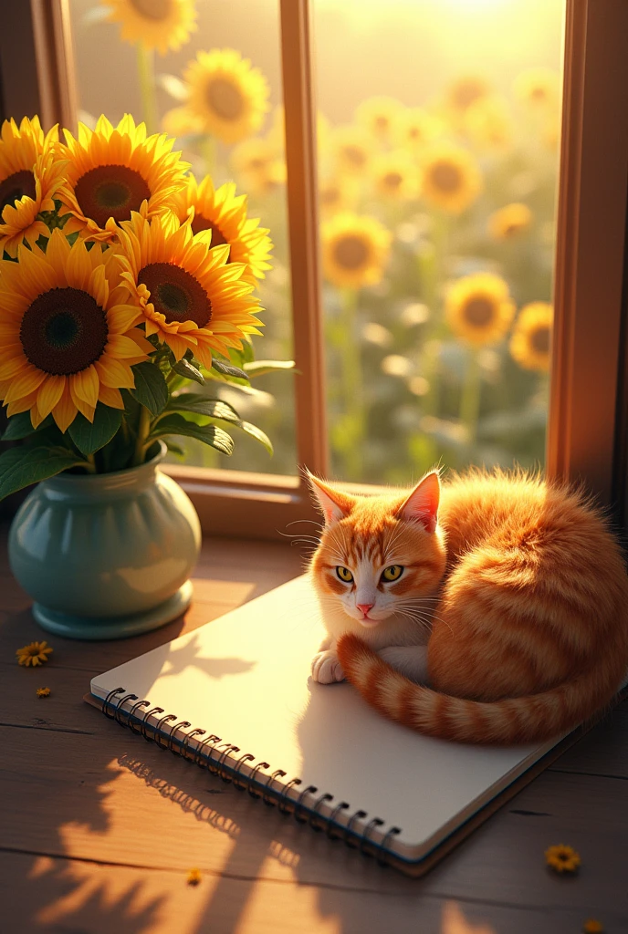 A bunch of sunflowers in the corner and then a sunflower on top of the notebook,Then the cat lies on it,Sunset。Viewed from above