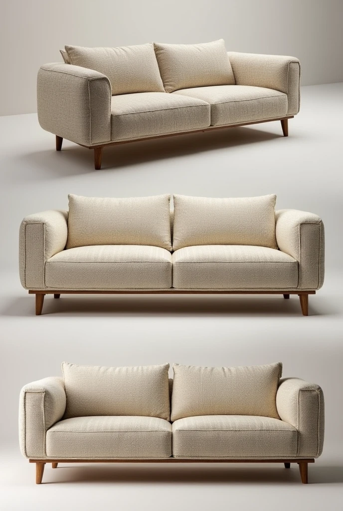 3-seater sofa in modern style, with woven fabric that is crochet and short wooden feet and soft seats
