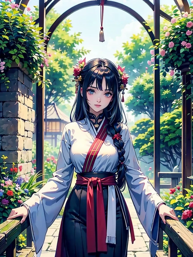 Magnificent View、Floating Island、Hanging Garden、Outdoor、Vision、anime、High definition、Miko costume、Holy Maiden、Dancing and spinning in a garden full of blooming flowers、Silver Hair（Long Hair、The top of the head is indigo blue、The ends of the hair are red.）、Jade Eyes