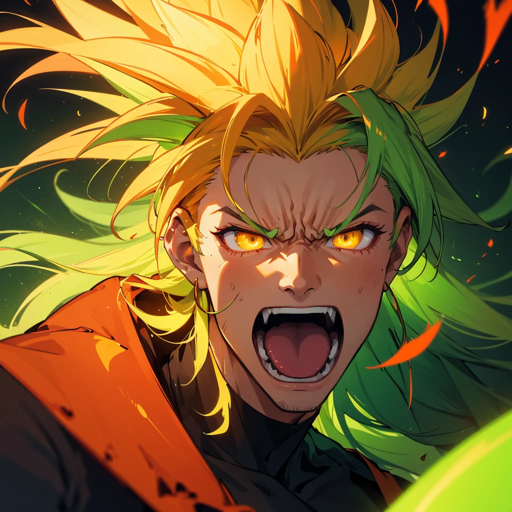 A Close up portrait A Super Saiyan God with a long, flowing hair striking a heroic pose, torn in rage, agony, shouting, screaming, power-up. Use the color scheme of neon orange and green for highlights and background, make the image ultra detailed, high res, HD, 4k, masterpiece,