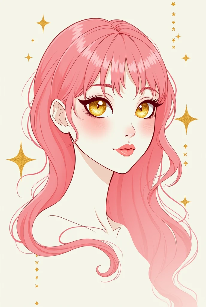 (White background:1.4),(Girl&#39;s head silhouette, detailed gold eyes, Long colored hair, Oriental elements)，(Chinese illustration:1.3，Paper Art:1.3, キルティングPaper Art:1.2),( Streamlined Design, Clear lines, High sharpness,Better Quality, Very detailed, Master Parts, Film Light Effect, 4K ) Illustration design, porcelain doll skin, beautiful detailed eyes, beautiful detailed lips, extremely detailed gold eyes and face, long eyelashes, upper body, from side, looking at viewer, (fractal art:1.3), (pink hair:1.2), water, liquid, cloud, colorful, starry, stars, (best quality, 4k, 8k, highres, masterpiece:1.2), ultra-detailed, (realistic, photorealistic, photo-realistic:1.37), vibrant colors, studio lighting, extremely detailed description, professional, concept art, surreal, 1920s french vibe, monochromatic gold and pink palette, in the style of french illustrator moebius, gold elements,