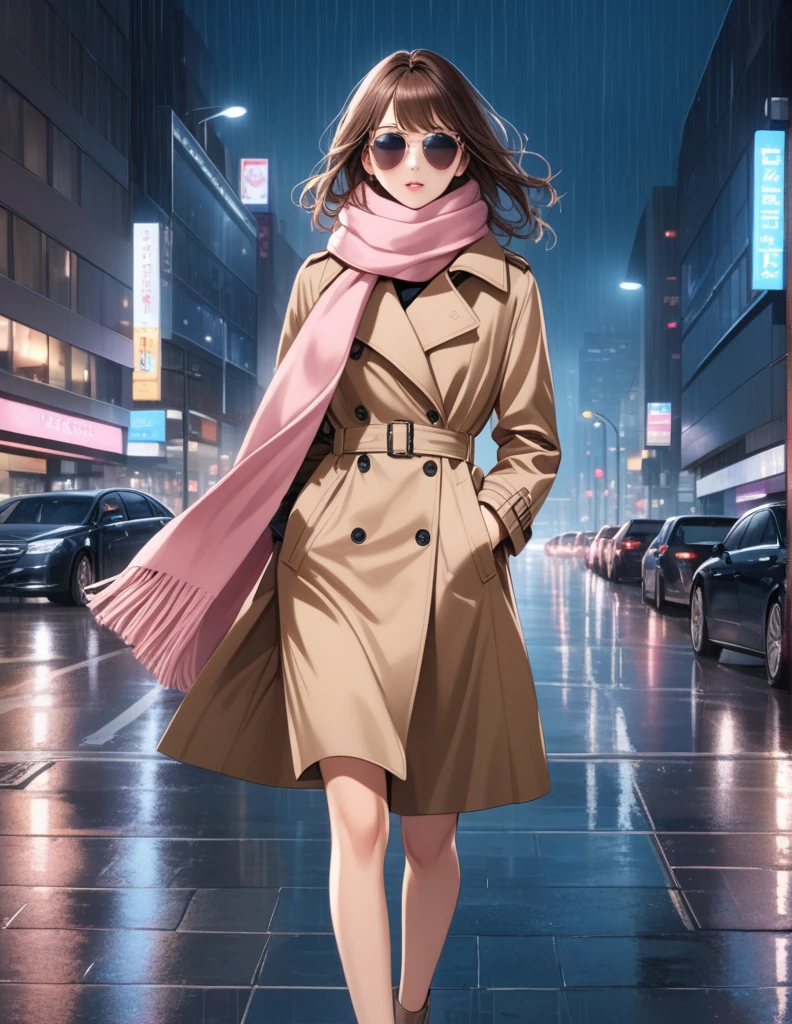 Masterpiece, hd, 1girl with long brown hair wearing a fully buttoned up closed and beige belted buckle knee-length trench coat with sunglasses, a tucked up large pink winter wool scarf and white gloves carrying her large pink purse blown by the hard wind at the hard rainy night city street full body 8k)